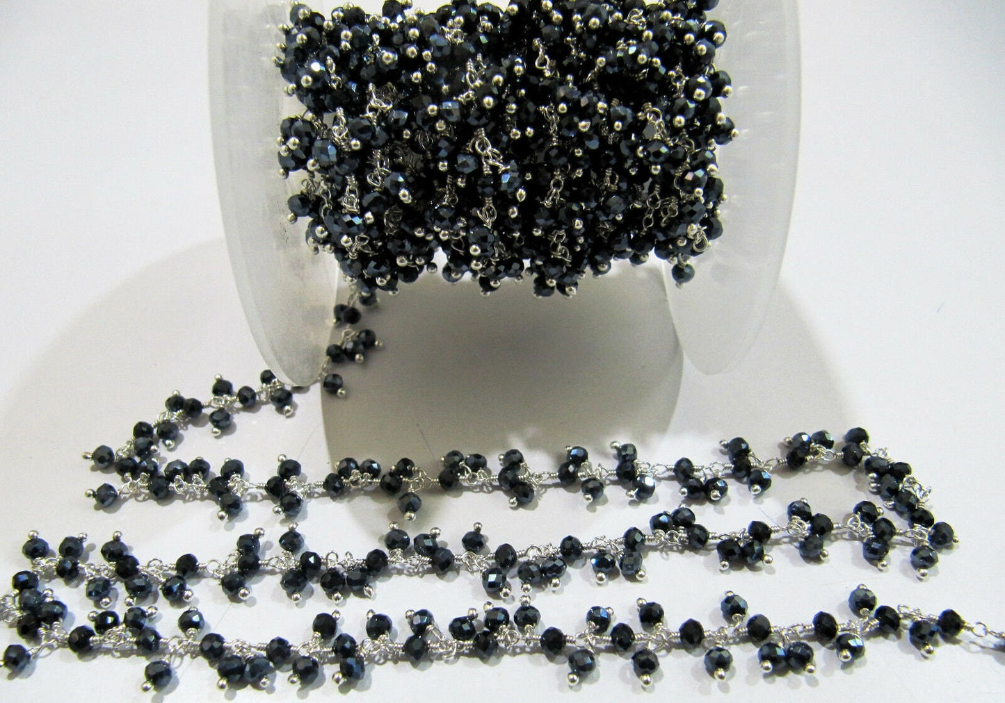 Mystic Black Spinel Dangling Rondelle Faceted Beads Cluster Chain 3-4mm Size Jewelry Making Hydro Quartz Beaded Chain per foot