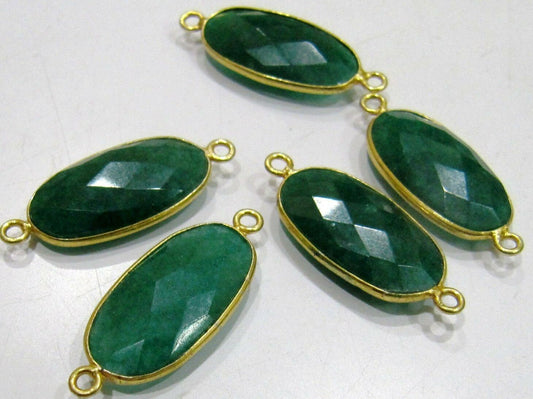 Set of 2- Emerald Oval Shape Briolette Connector Double Loop Size 12x22mm Precious Gemstone Dyed Emerald Stones Bezel Connectors