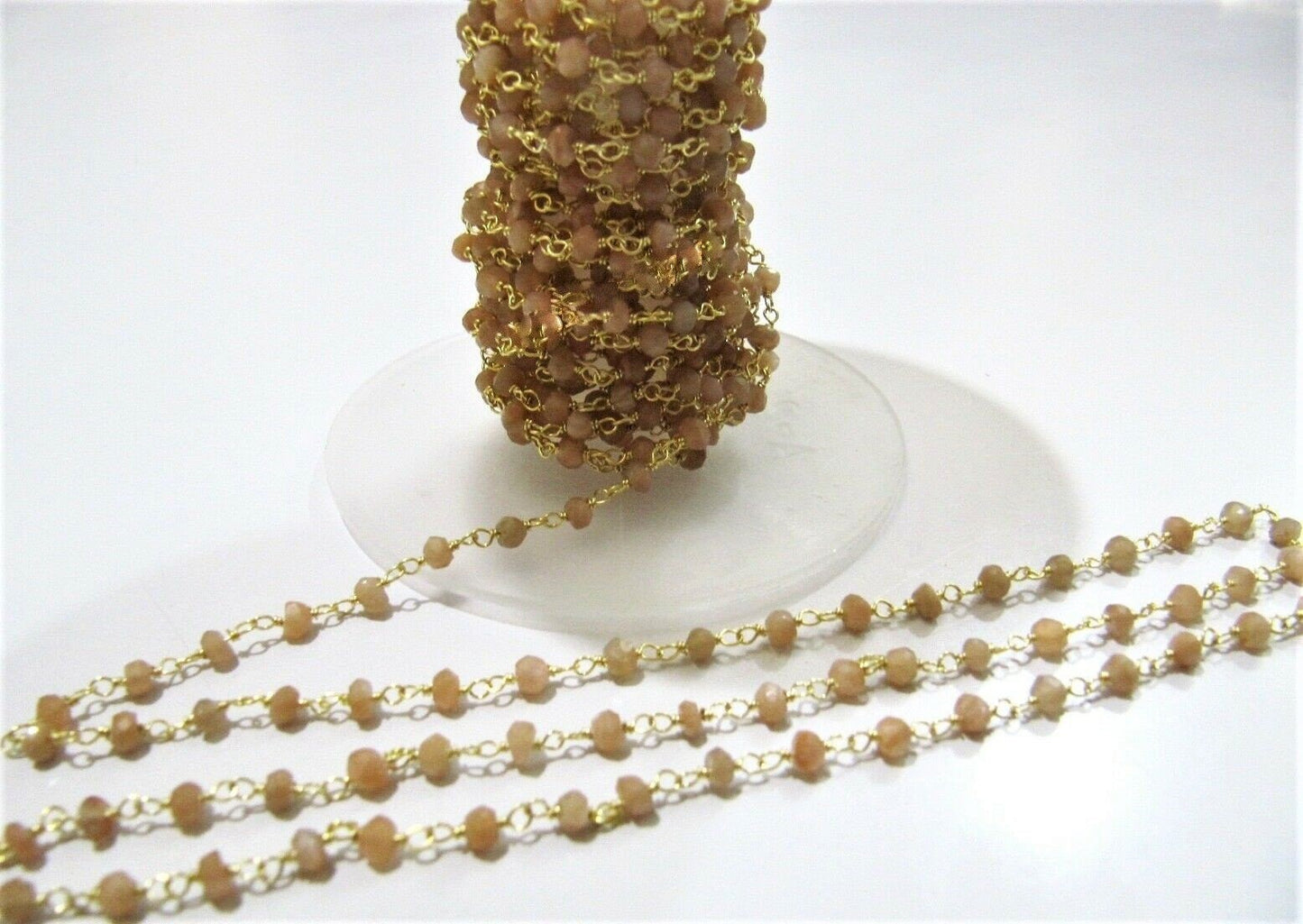 3 Feet-Natural Peach Moonstone Rondelle Faceted Beaded Rosary Chain 3-4mm  Wire Wrapped Beaded Chain Wholesale Prices