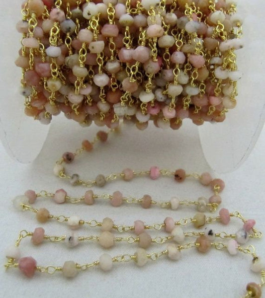 Natural Pink Opal  Rondelle Faceted 3-4mm Size Beaded Opal Wire Wrapped Rosary Chain Wholesale Prices Handmade Jewelry chain sold per foot