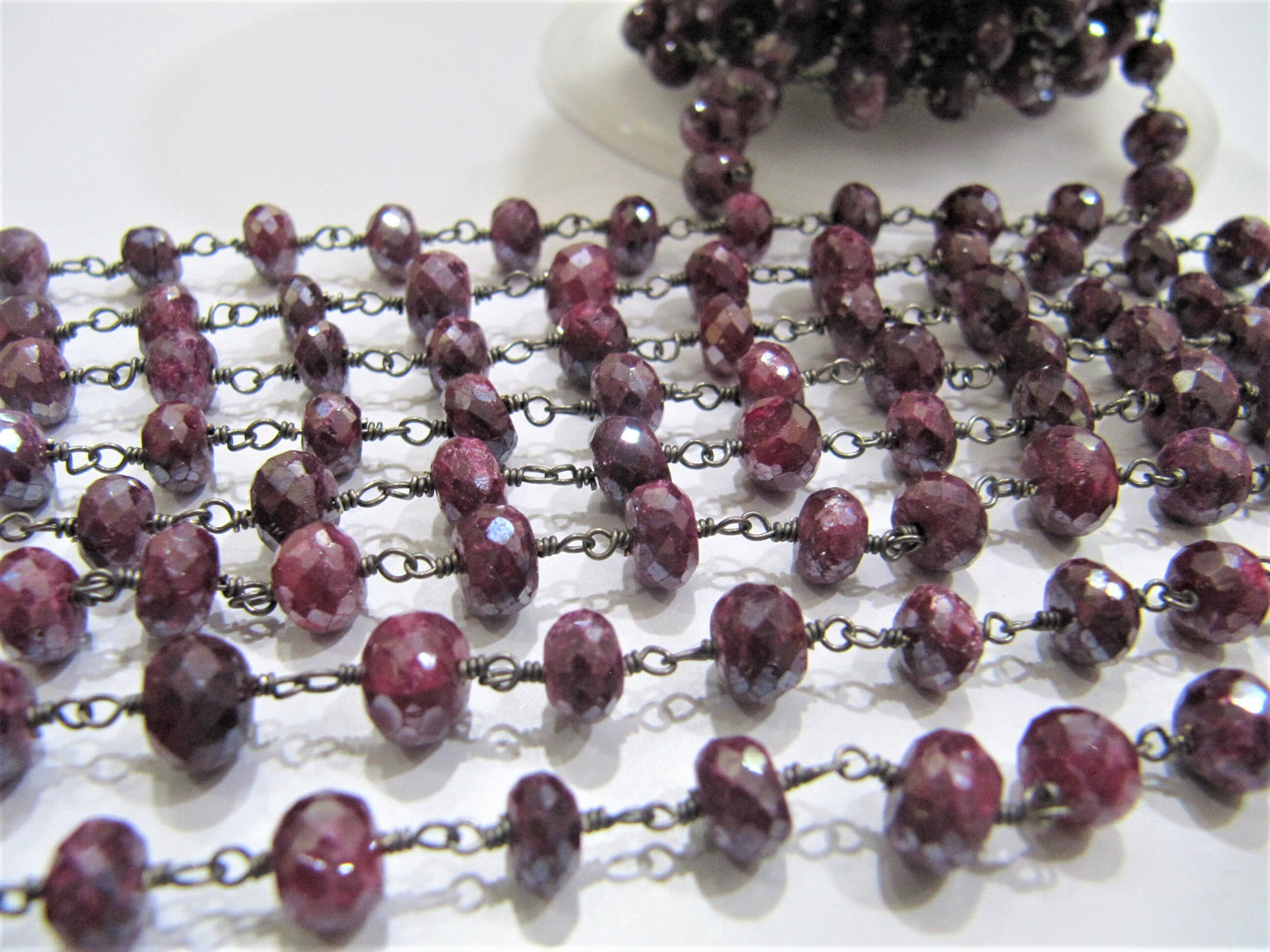 Natural Ruby Silverite Rondelle Faceted 6 to 8 mm Size Beaded Rosary Chain High Quality Jewelry Making Gun Metal Chain Wholesale Price