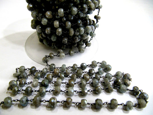 Natural Labradorite Silverite Rondelle Faceted 6 to 7mm Size Beaded Rosary Chain High Quality Jewelry Making Handmade Chain Sold per foot