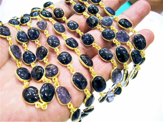 Natural Iolite Free Shape Plain Smooth  7X9 to 9X11mm Cabochon Bezel Connector Chain Sold Per Foot High Quality Gemstones Handmade Chain