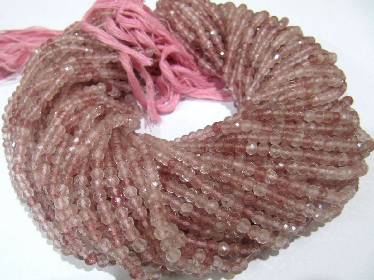 Natural Strawberry Quartz Size 3 To 3.5mm Round Shape Faceted Beads Pink Color Beads Strand 13 Inches Long Jewelry Making beads