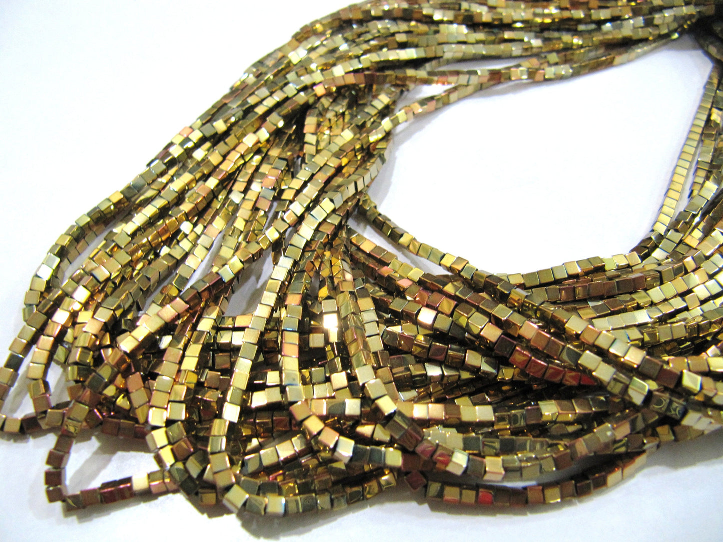Natural Golden Color Hematite Cube Beads 2mm Size Strand 15-16" long Box Shape Semi Precious Gemstone Beads Wholesale Prices