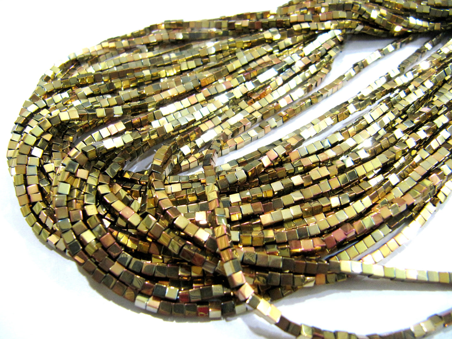 Natural Golden Color Hematite Cube Beads 2mm Size Strand 15-16" long Box Shape Semi Precious Gemstone Beads Wholesale Prices
