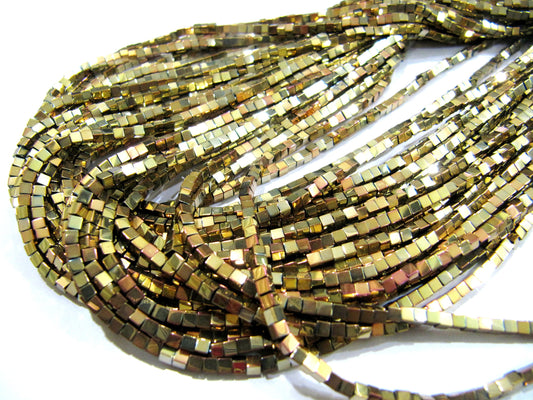 Natural Golden Color Hematite Cube Beads 2mm Size Strand 15-16" long Box Shape Semi Precious Gemstone Beads Wholesale Prices