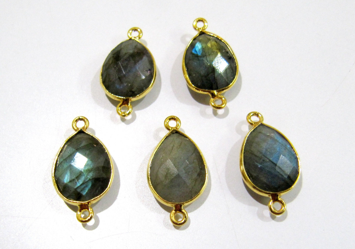 2 Pcs Set Natural Labradorite Pear Shape 10x13mm Briolette Connectors Blue Flashy Gemstone Double Loop Bezel Heart shape Charms