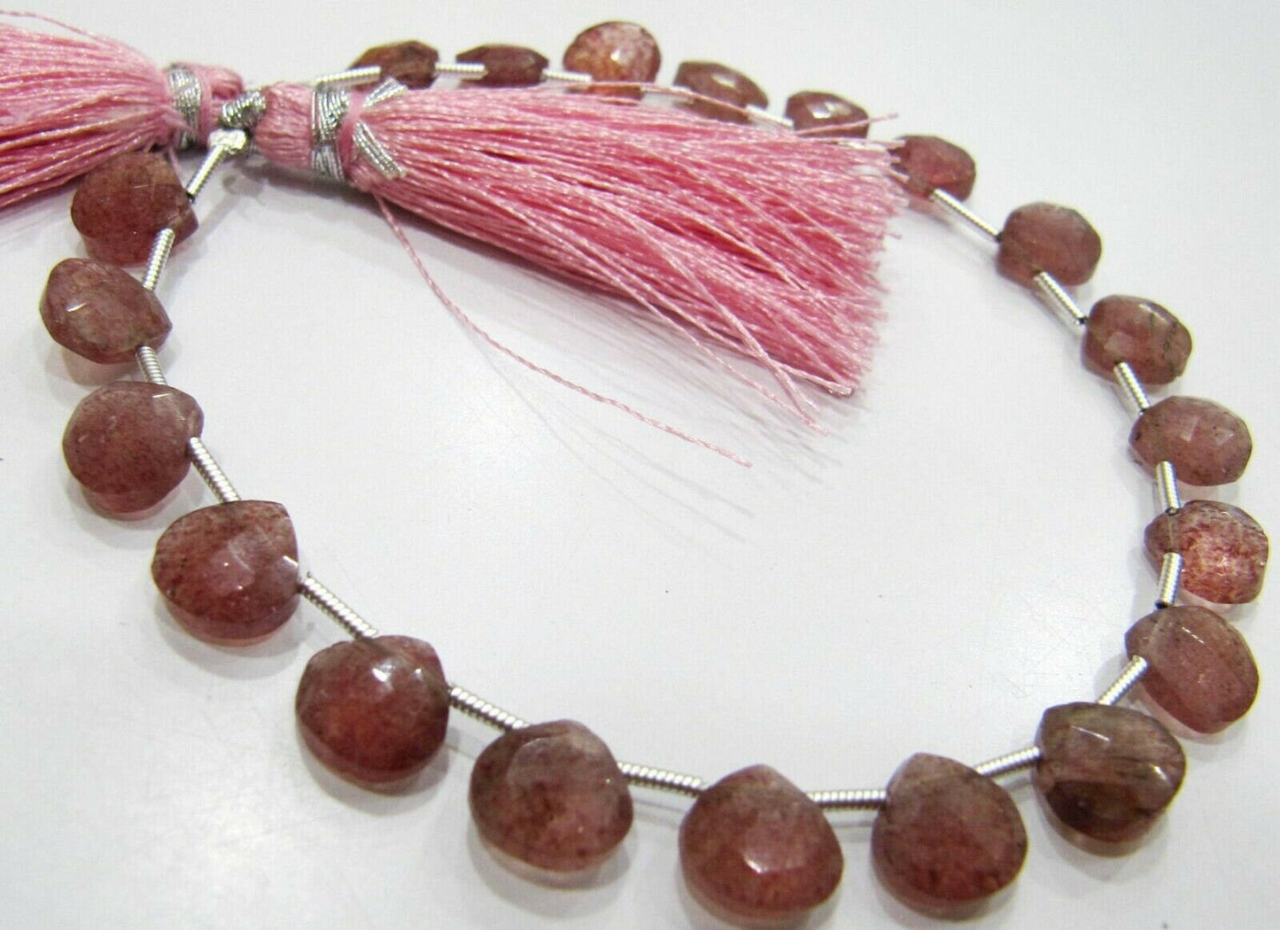 Natural Strawberry Quartz heart Shape Briolette Faceted size 8mm beads strand 8 inches long Jewelry Making Pink Color Gemstone Beads