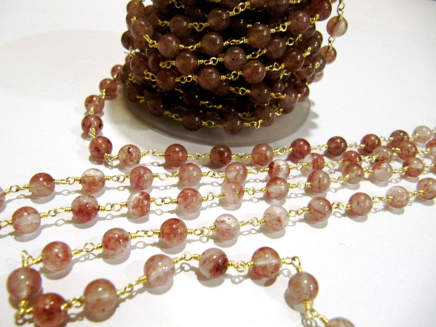 Natural Strawberry Quartz Round Plain Smooth 6mm  Beaded Rosary Wire Wrapped Chain  Wholesale Price Handmade Jewelry Making chain PER FOOT