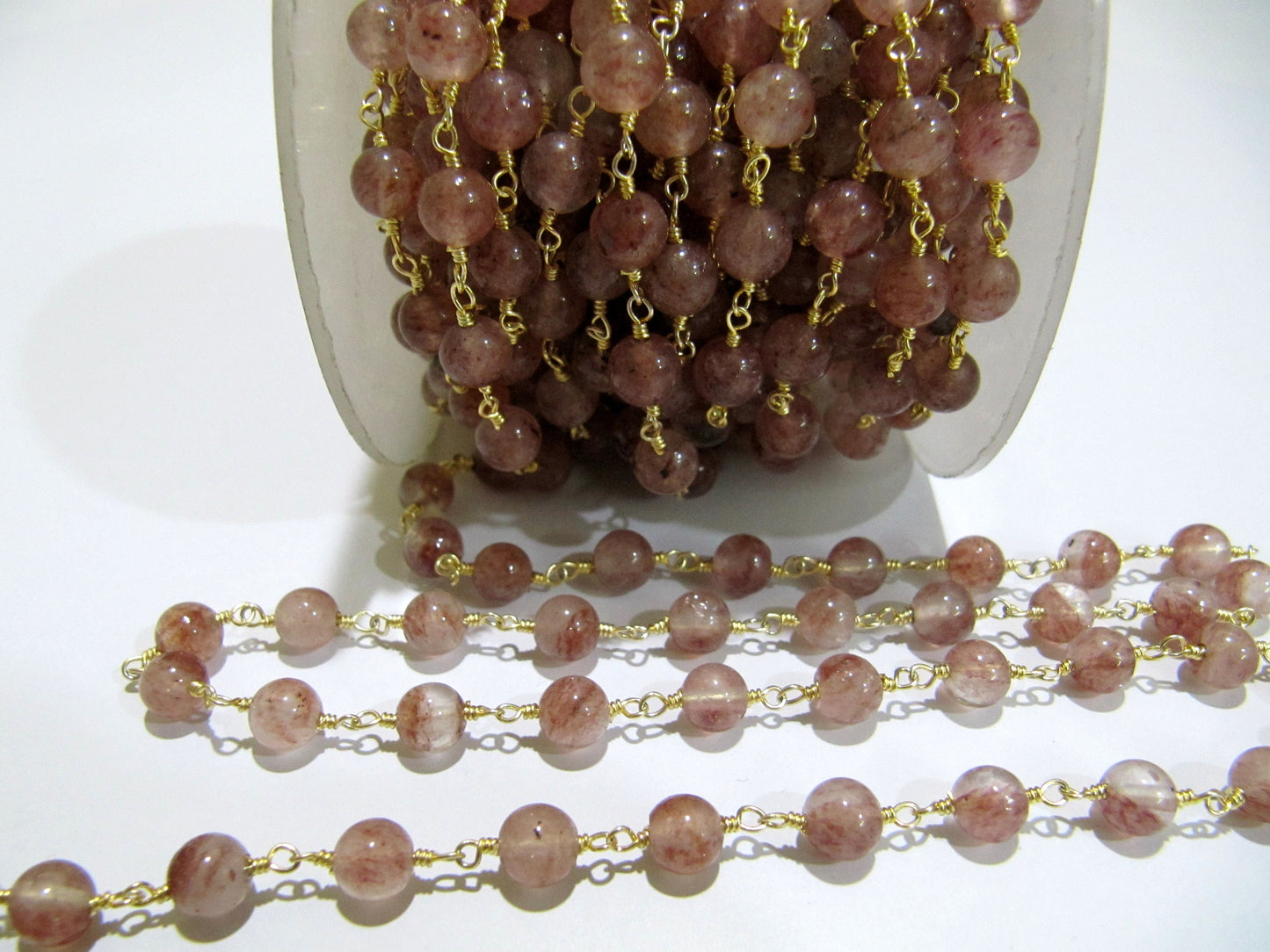 Natural Strawberry Quartz Round Plain Smooth 6mm  Beaded Rosary Wire Wrapped Chain  Wholesale Price Handmade Jewelry Making chain PER FOOT