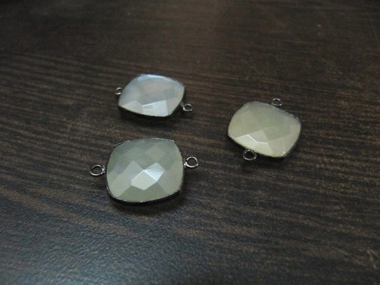 2Pc.-  Natural White Moonstone Cushion Shape Briolette Connectors Double Loop Bezel Connectors 15 mm Size Gemstone Connector Charms