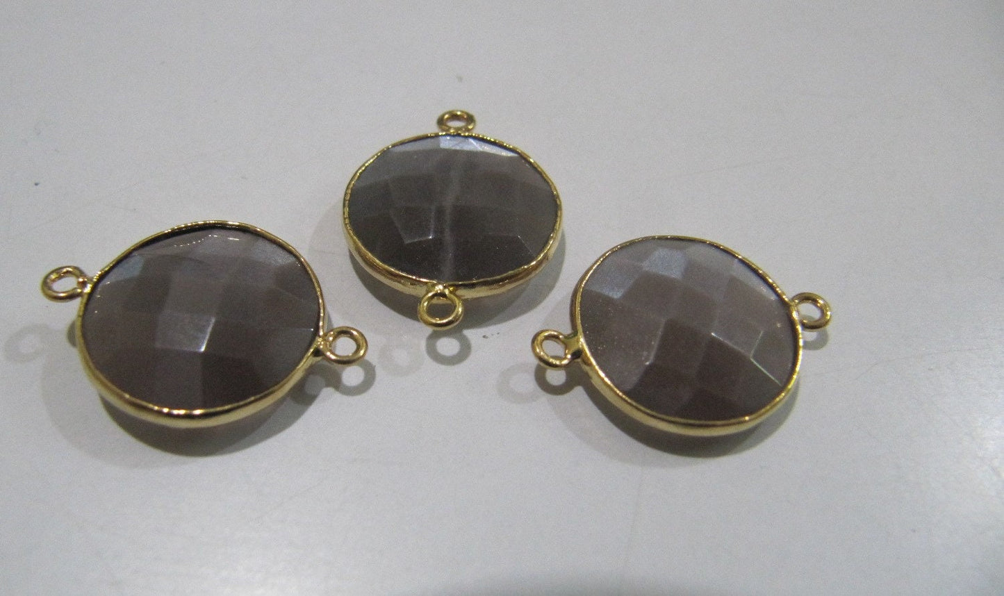 Natural Chocolate Moonstone Round Coin Shape Faceted Double Loop Bezel Connectors 15 mm Size Gemstone Connector Charms sold per piece