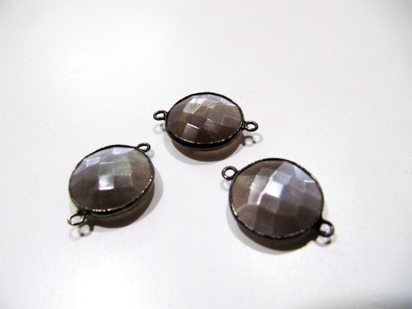Natural Chocolate Moonstone Round Coin Shape Faceted Double Loop Bezel Connectors 15 mm Size Gemstone Connector Charms sold per piece