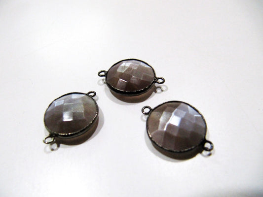 Natural Chocolate Moonstone Round Coin Shape Faceted Double Loop Bezel Connectors 15 mm Size Gemstone Connector Charms sold per piece