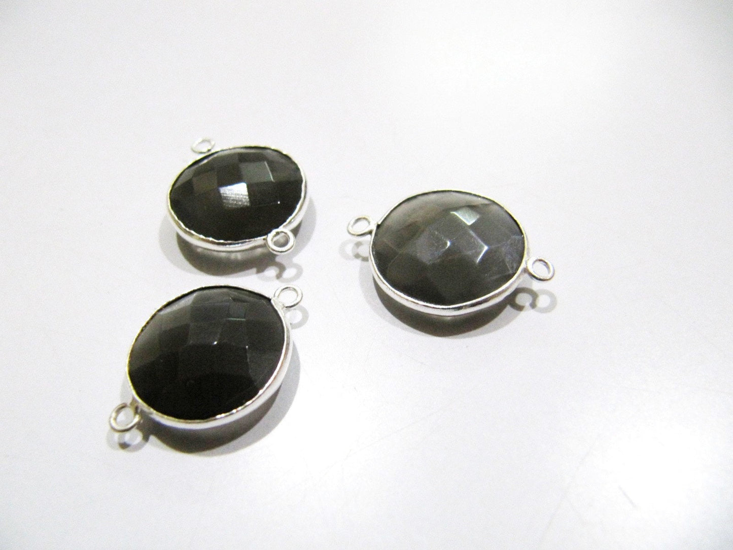 Natural Grey Moonstone Round Coin Shape Faceted Double Loop Bezel Connectors 15 mm Size Gemstone Connector Charms sold per piece