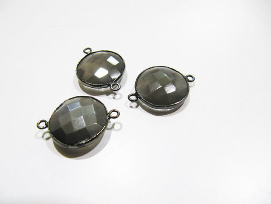 Natural Grey Moonstone Round Coin Shape Faceted Double Loop Bezel Connectors 15 mm Size Gemstone Connector Charms sold per piece
