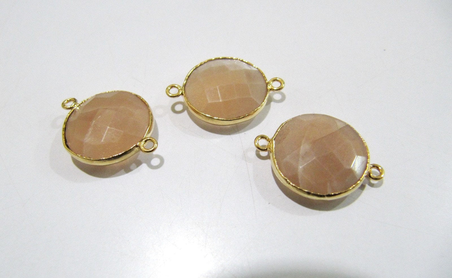 Natural Peach Moonstone Round Coin Shape Faceted Double Loop Bezel Connectors 15 mm Size Gemstone Connector Charms sold per piece