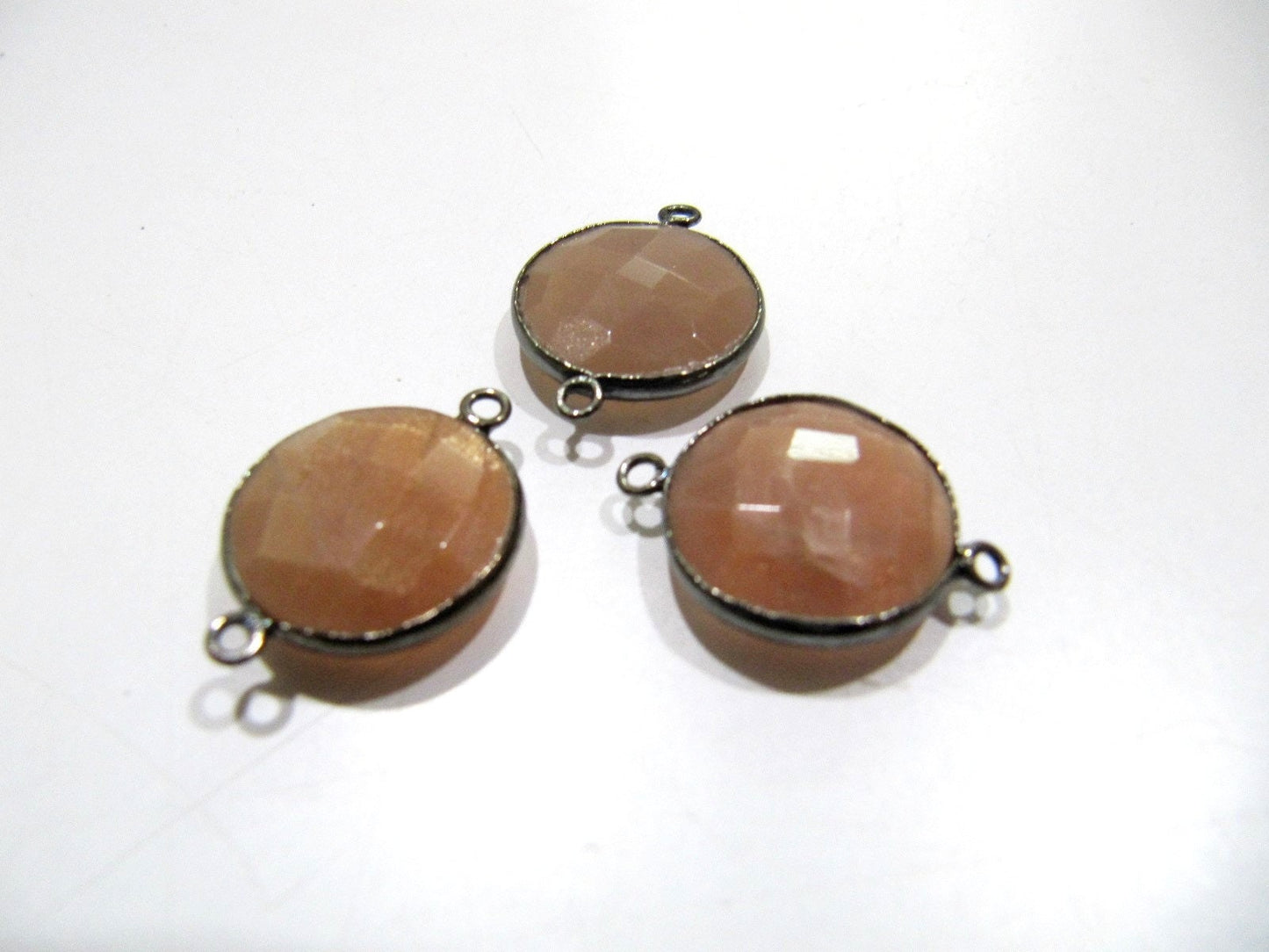 Natural Peach Moonstone Round Coin Shape Faceted Double Loop Bezel Connectors 15 mm Size Gemstone Connector Charms sold per piece
