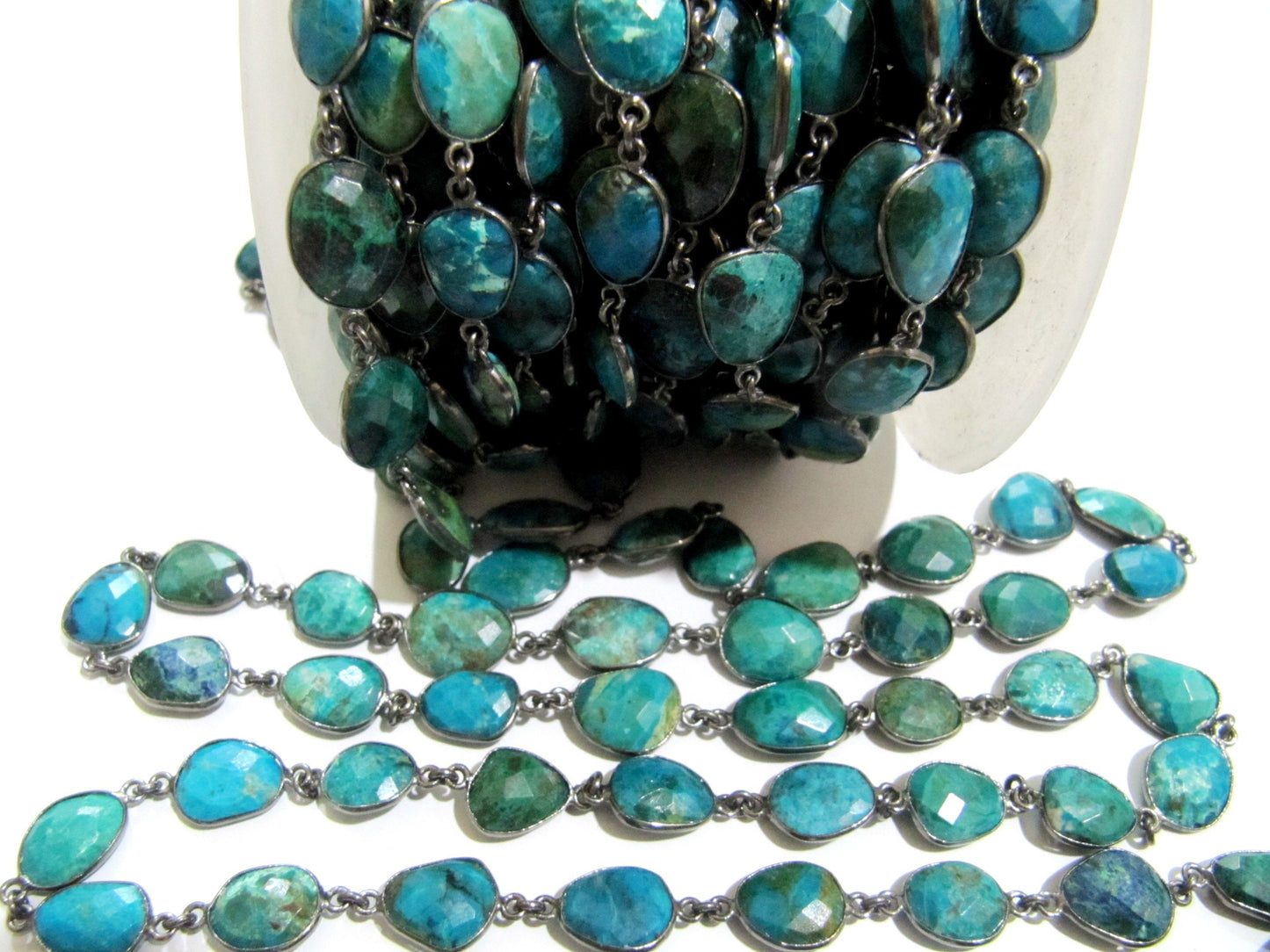 Natural Chrysocolla Briolette faceted Size 10 to 15mmConnector Bezel Chain Uneven Free Shape Sold Per Foot Wholesale Prices