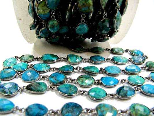Natural Chrysocolla Briolette faceted Size 10 to 15mmConnector Bezel Chain Uneven Free Shape Sold Per Foot Wholesale Prices