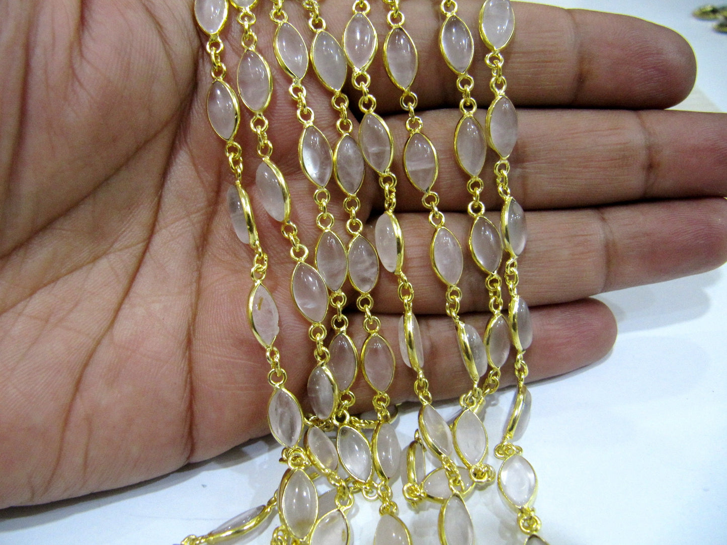Natural Rose Quartz Marquise Shape Size 10x16mm  Plain Smooth Bezel Connector Chain Sold Per Foot High Quality Wholesale Prices