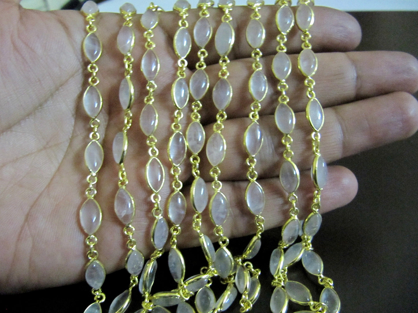 Natural Rose Quartz Marquise Shape Size 10x16mm  Plain Smooth Bezel Connector Chain Sold Per Foot High Quality Wholesale Prices