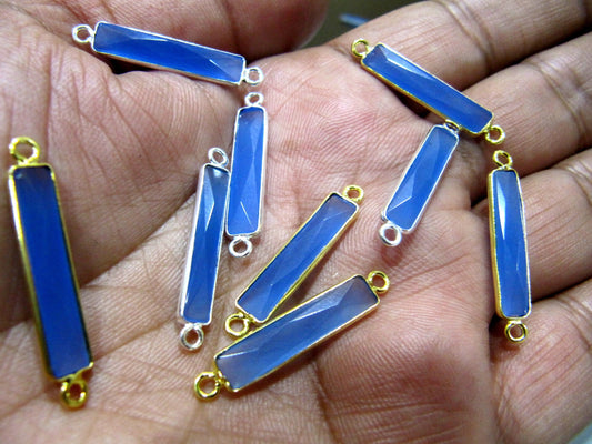 Blue Chalcedony Baguette Shape Briolette Faceted Stone Bezel Double Loop Connector 4x22mm Sold Per Piece Jewelry Making Connector