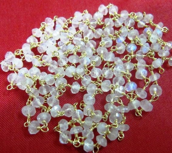 1 Foot-: Natural White Rainbow Moonstone Rondelle Faceted 3-4mm Beaded Wire Wrapped Rosary Chain Wholesale Prices Handmade Jewelry Chain