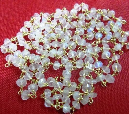 1 Foot-: Natural White Rainbow Moonstone Rondelle Faceted 3-4mm Beaded Wire Wrapped Rosary Chain Wholesale Prices Handmade Jewelry Chain