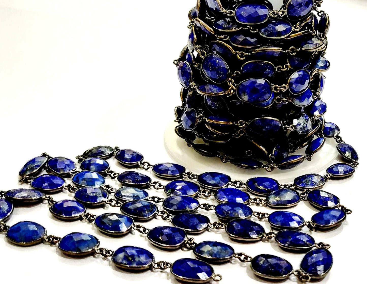 Natural Lapis Lazuli Uneven Free Shape Briolette Faceted Bezel Connector Chain 10 to 15mm Sold Per Foot High Quality Wholesale price