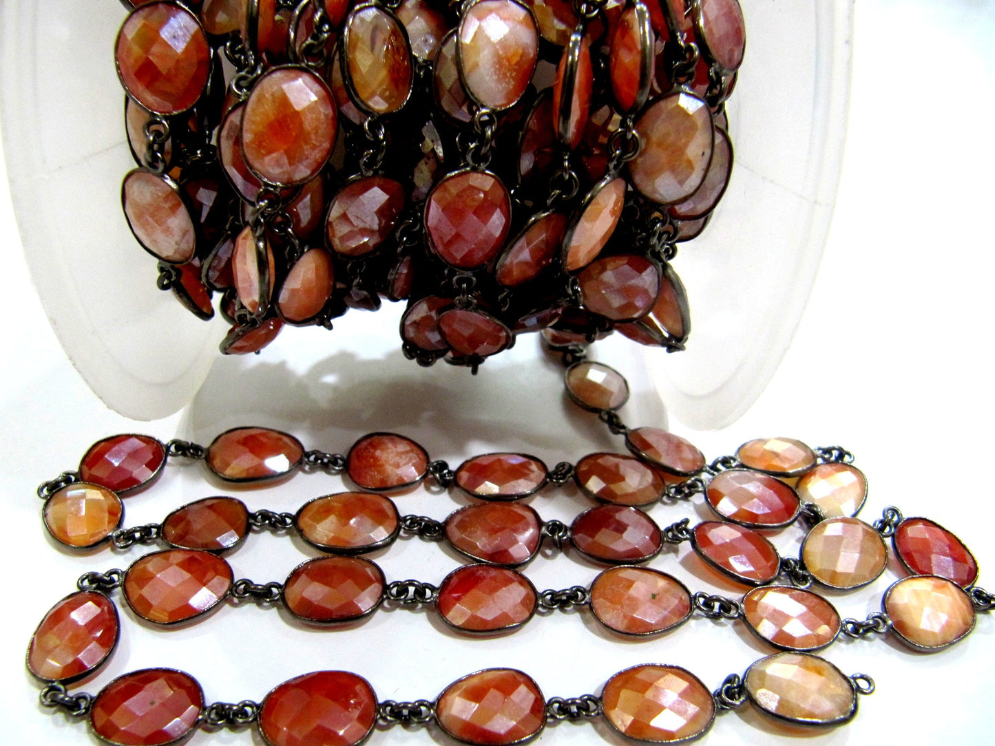 Natural Carnelian AB Mystic Coated Briolette Connector Chain Uneven Free Shape 10 to 15mm Bezel Handmade chain sold per foot