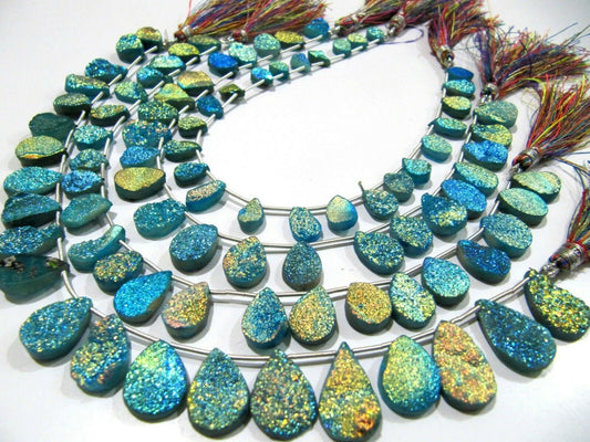 Natural Agate Titanium Coated Blue Druzy Pear Shape Briolette Beads Jewelry Making Bead Strand 10 Inches Long Sold Per Strand Wholesale rate