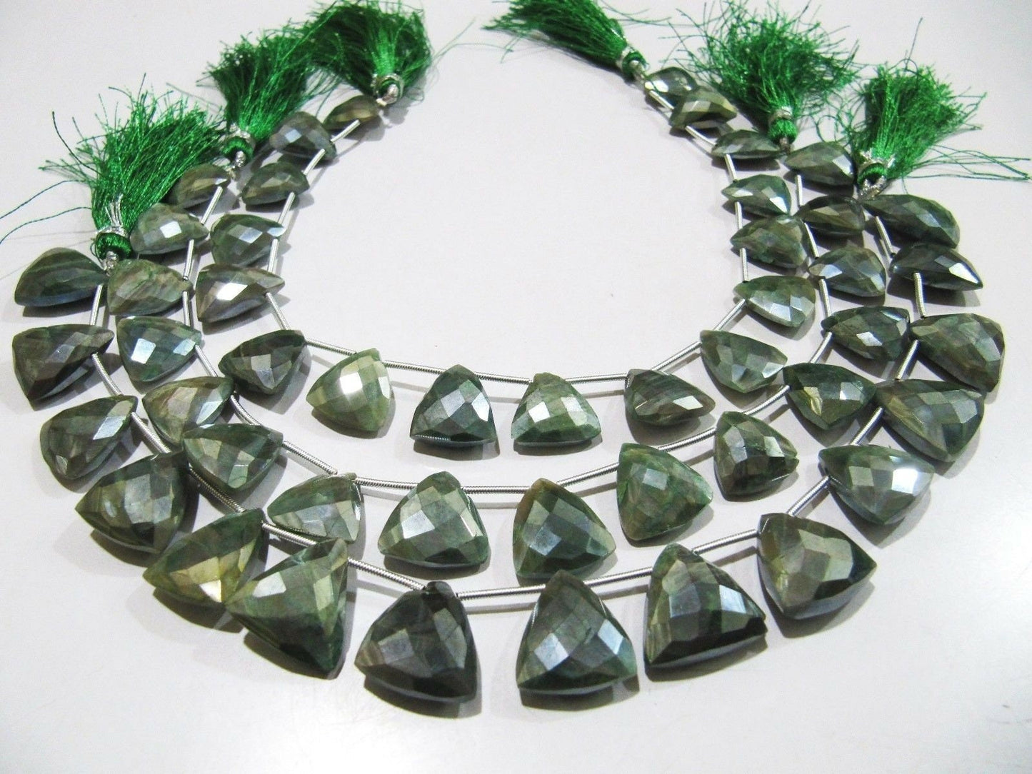 Natural Green Moonstone  AB Coated Trillion Shape Beads Size 16 to 18mm Beads Strand 10 inches Long Side Drilled Gemstone Beads