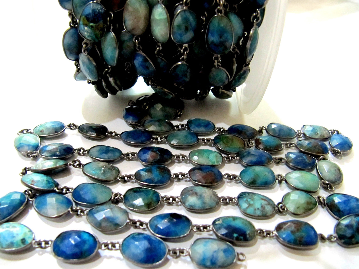 Natural Malachite Azurite Uneven Free Shape Briolette Faceted Bezel Connector Chain 10 to 15mm Sold Per Foot Wholesale price