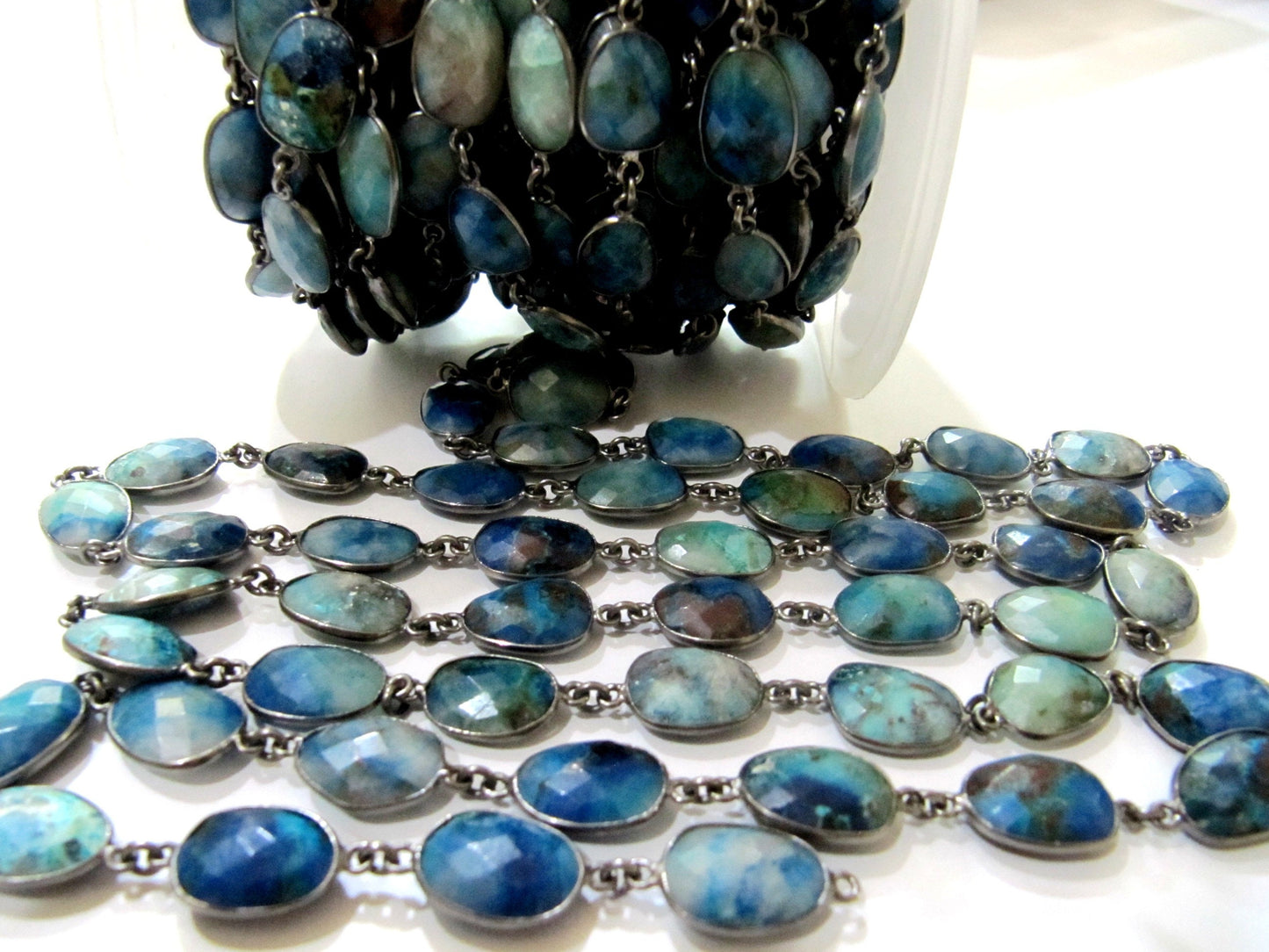 Natural Malachite Azurite Uneven Free Shape Briolette Faceted Bezel Connector Chain 10 to 15mm Sold Per Foot Wholesale price