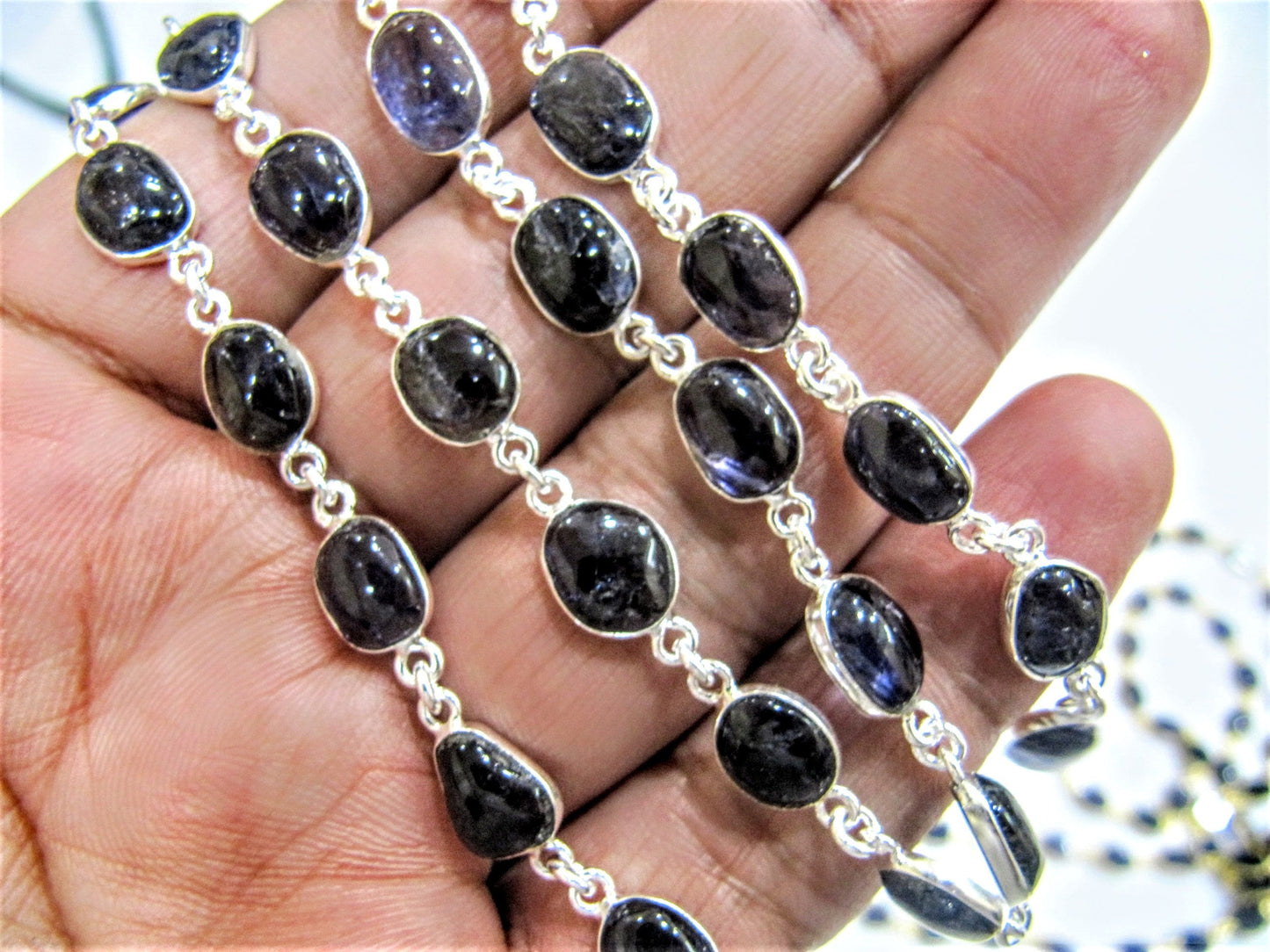 Natural Iolite Free Shape Plain Smooth  7X9 to 9X11mm Cabochon Bezel Connector Chain Sold Per Foot High Quality Gemstones Handmade Chain