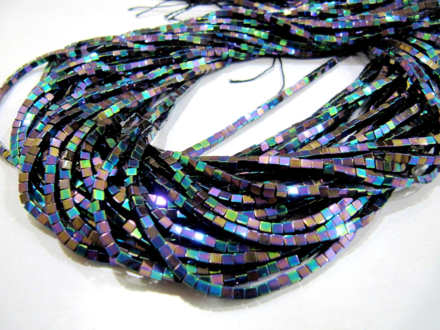 Peacock Blue Color Hematite Cube Beads Rainbow Mystic Box Shape Hematite Beads 2mm Size Strand 15-16 inches long Wholesale Prices