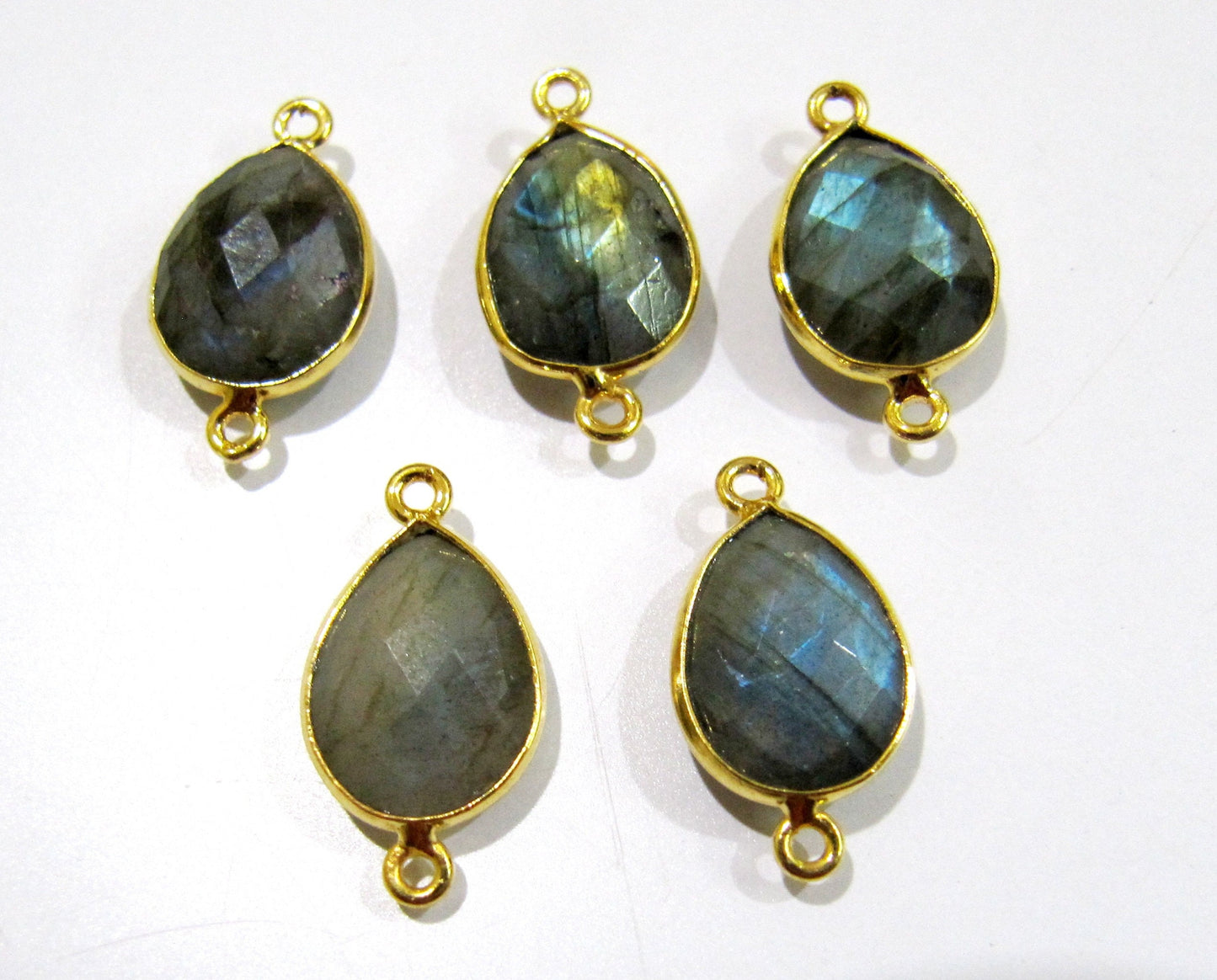 2 Pcs Set Natural Labradorite Pear Shape 10x13mm Briolette Connectors Blue Flashy Gemstone Double Loop Bezel Heart shape Charms