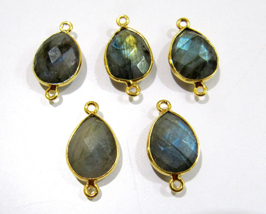 2 Pcs Set Natural Labradorite Pear Shape 10x13mm Briolette Connectors Blue Flashy Gemstone Double Loop Bezel Heart shape Charms