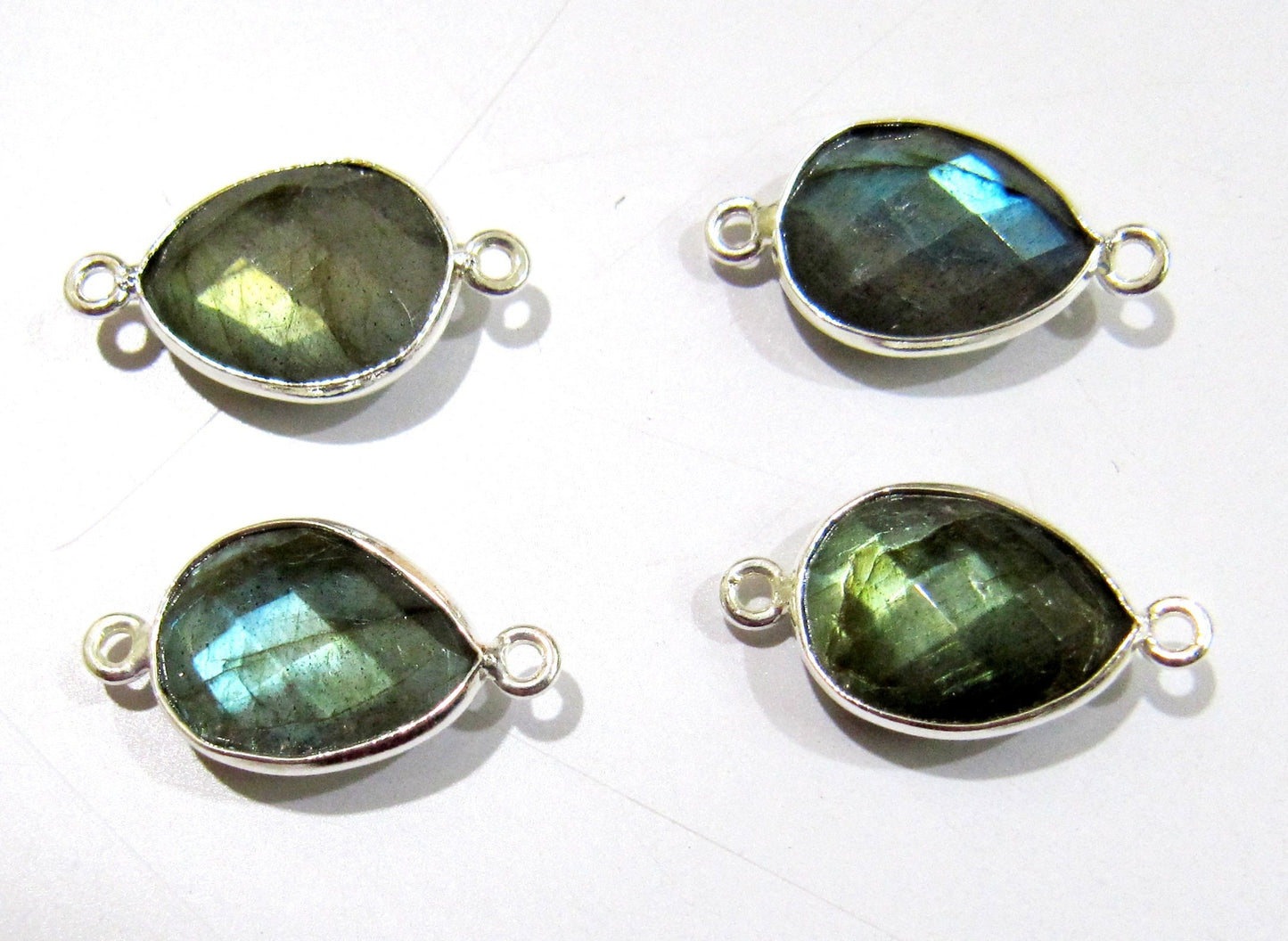 2 Pcs Set Natural Labradorite Pear Shape 10x13mm Briolette Connectors Blue Flashy Gemstone Double Loop Bezel Heart shape Charms