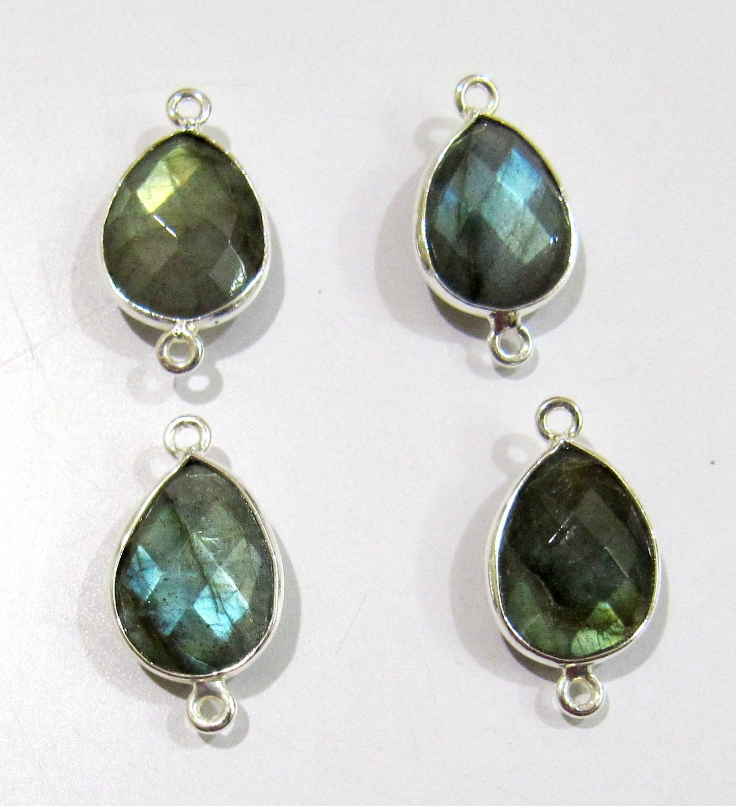 2 Pcs Set Natural Labradorite Pear Shape 10x13mm Briolette Connectors Blue Flashy Gemstone Double Loop Bezel Heart shape Charms