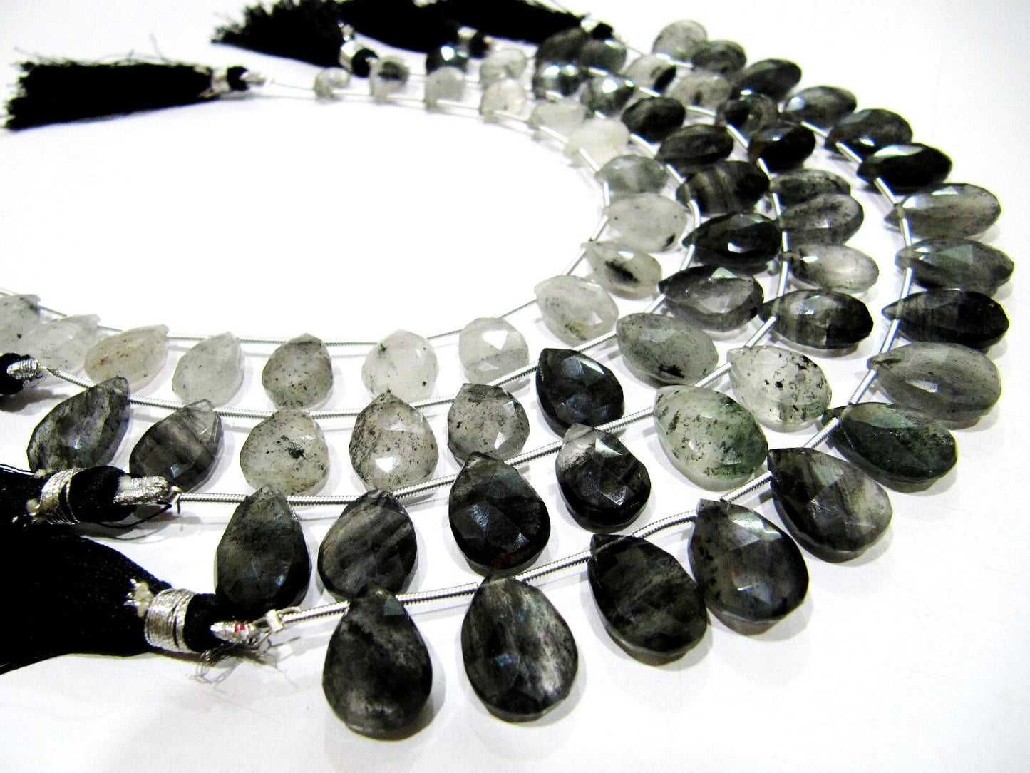 Natural Genuine Black Rutilated Quartz Pear Shape Beads 10x13 to 11x16mm Briolette Beads Strand 8 Inches Long Black Rutile  Beads