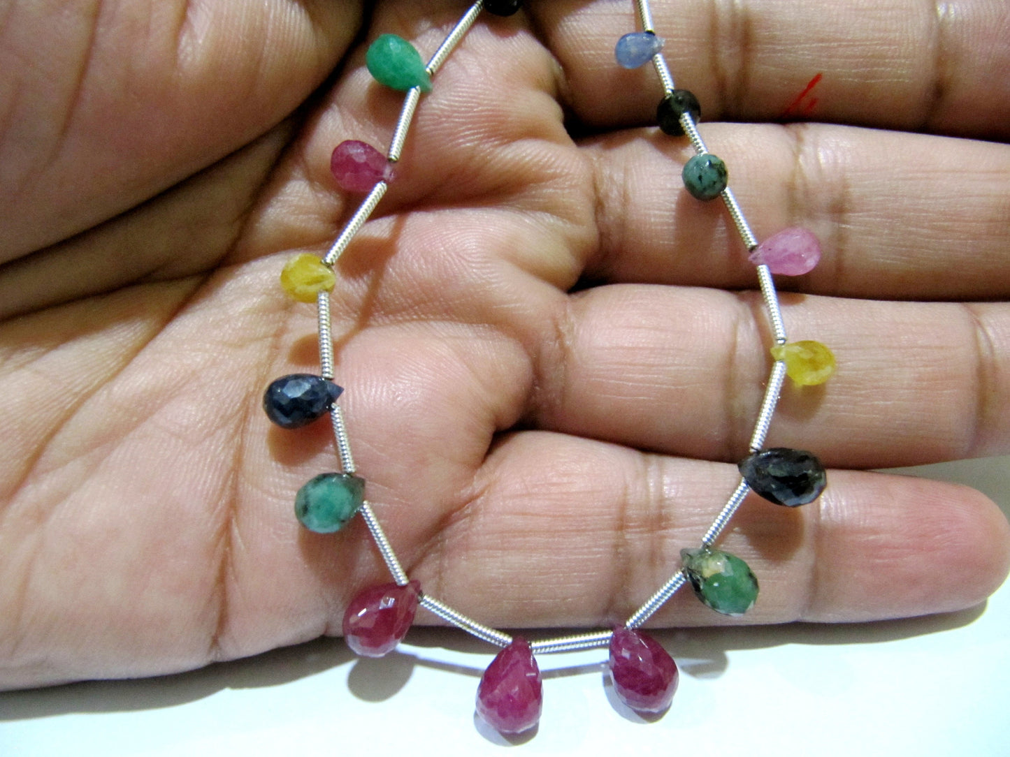 Natural Multi Precious Gemstone Ruby Emerald Sapphire faceted Briolette Size 4x6 to 6x9mm Teardrop Graduated beads BEST Quality strand 8inch