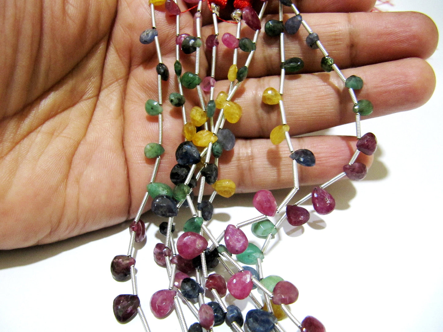 Natural Multi Precious Gemstone Ruby Emerald Sapphire faceted Briolette Size 5x7 to 7x9mm Pear Shape Graduated Bead Strand 8 inches
