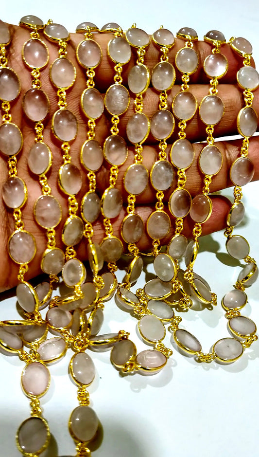 Natural Rose Quartz Oval Shape Cabochon Plain smooth Bezel 8X10mm to 9X12mm Connector Chain Gold/Black/Silver/Rose Plated Sold Per Foot