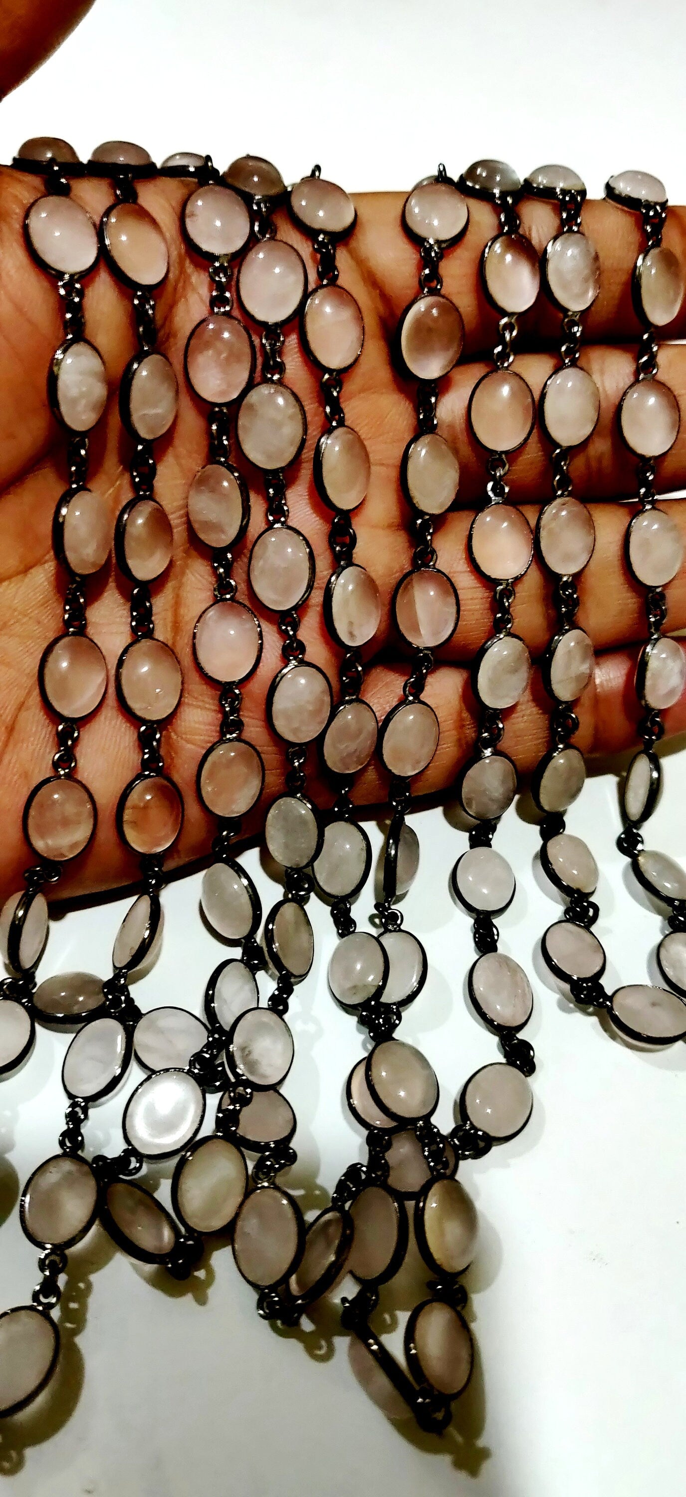 Natural Rose Quartz Oval Shape Cabochon Plain smooth Bezel 8X10mm to 9X12mm Connector Chain Gold/Black/Silver/Rose Plated Sold Per Foot
