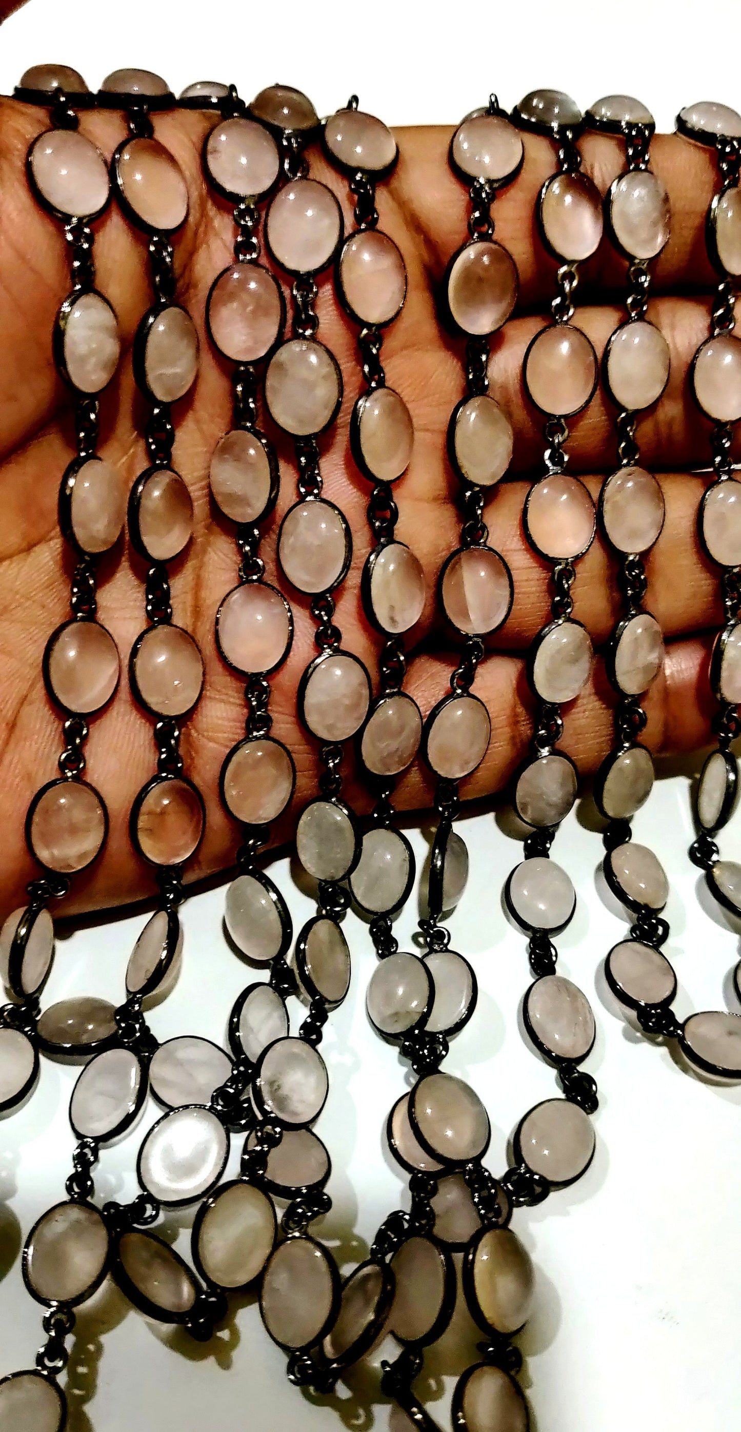 Natural Rose Quartz Oval Shape Cabochon Plain smooth Bezel 8X10mm to 9X12mm Connector Chain Gold/Black/Silver/Rose Plated Sold Per Foot