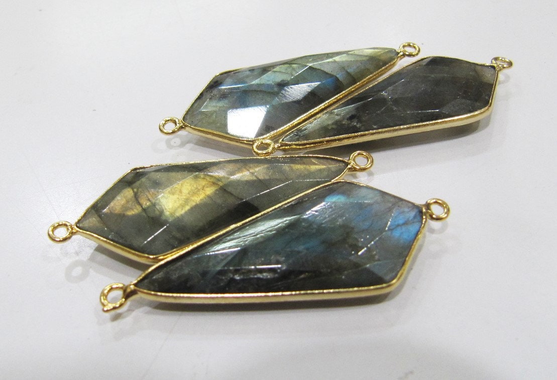 2 Pcs Set Natural Labradorite Blue Flashy Arrowhead Size 15x35mm Connectors Double Loop Bezel Jewelry Making Bezel Connectors