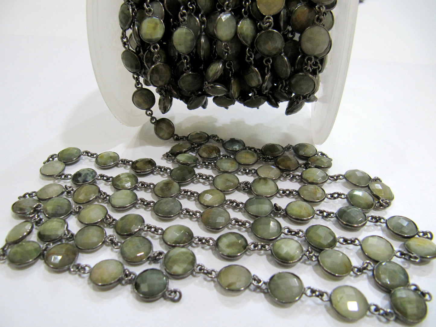 Natural Cat's Eye Round Coin Shape Briolette Bezel Connector Chain 10mm Size Gemstone bezel Chain Wholesale Prices sold per foot